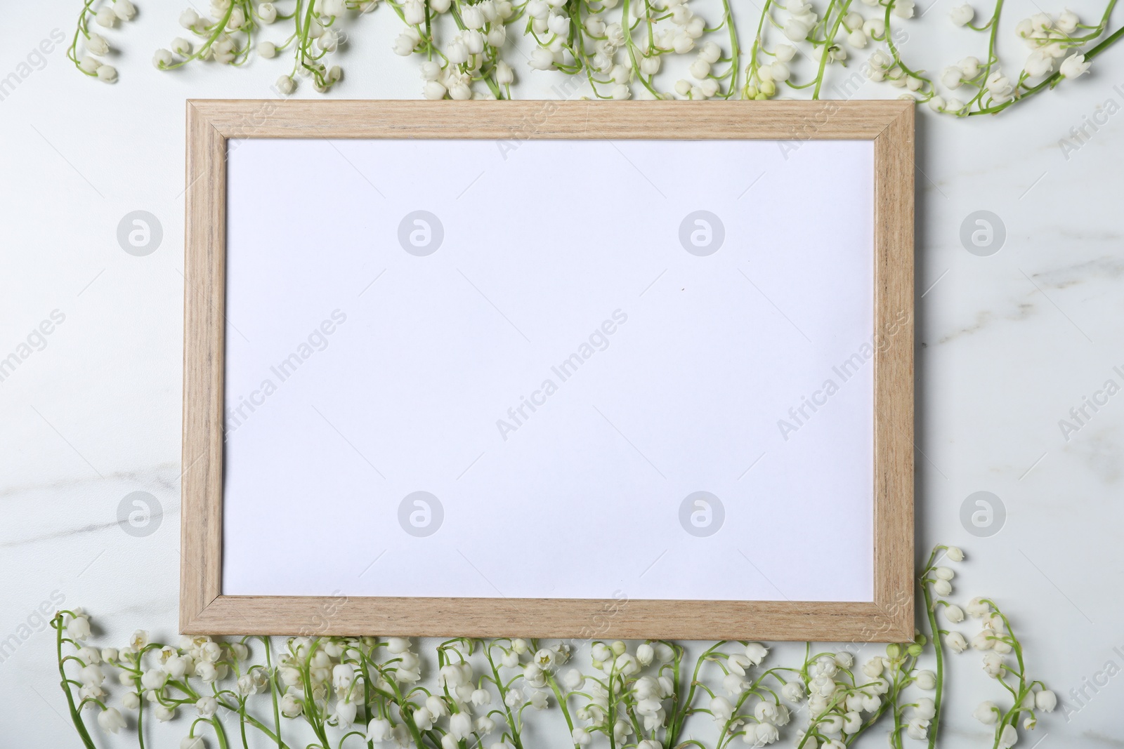Beautiful lily-of-the-valley flowers and blank frame on white marble background, flat lay. Space for text Photo of Beautiful lily-of-the-valley flowers and blank frame on white marble background, flat lay. Space for text