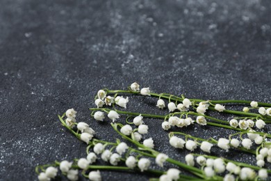 Photo of Beautiful lily-of-the-valley flowers on black textured background, closeup. Space for text