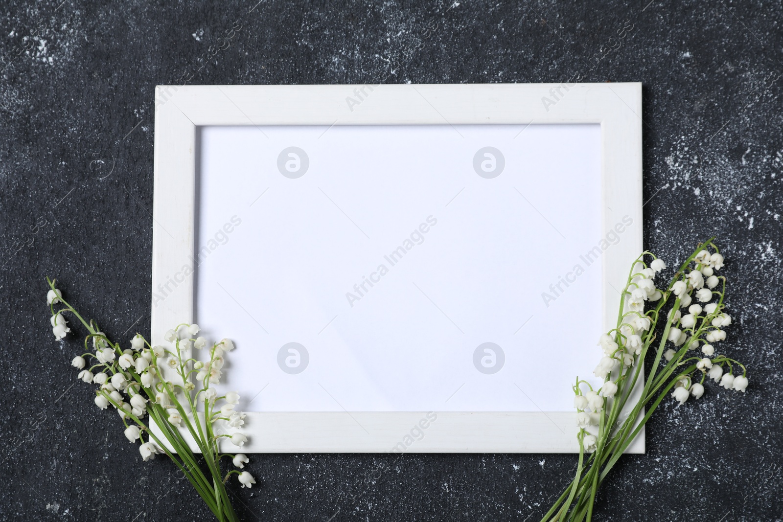 Beautiful lily-of-the-valley flowers and blank frame on black textured background, flat lay. Space for text Photo of Beautiful lily-of-the-valley flowers and blank frame on black textured background, flat lay. Space for text