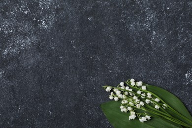 Photo of Beautiful lily-of-the-valley flowers on black textured background, top view. Space for text