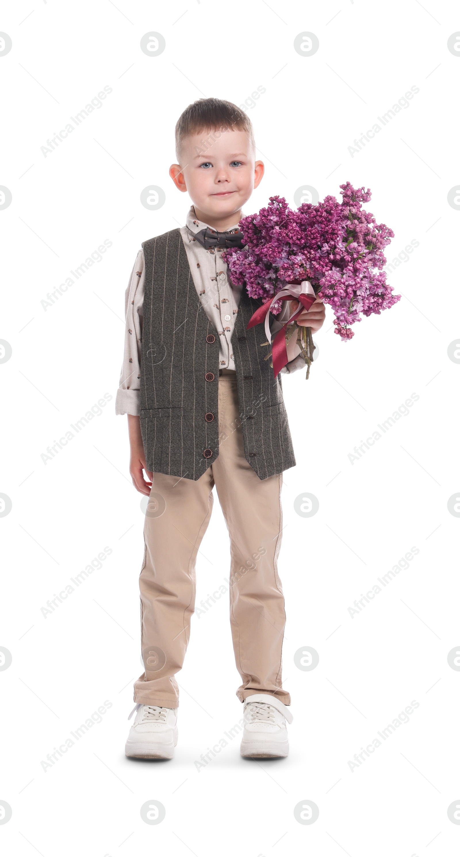 Little boy with bouquet of lilac flowers on white background Photo of Little boy with bouquet of lilac flowers on white background