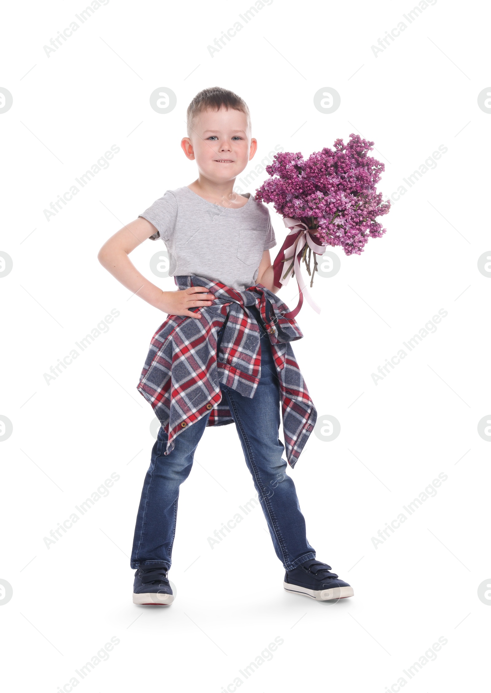 Little boy with bouquet of lilac flowers on white background Photo of Little boy with bouquet of lilac flowers on white background