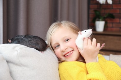 Photo of Little girl with cute rats on sofa at home