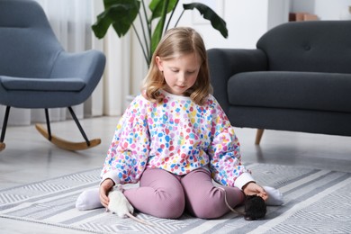 Photo of Little girl with cute rats on floor at home