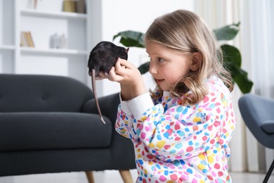 Photo of Little girl with cute black rat at home