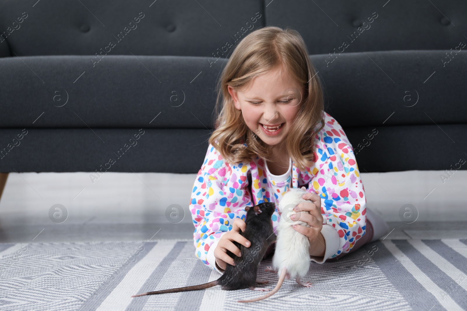 Little girl with cute rats on floor at home Photo of Little girl with cute rats on floor at home