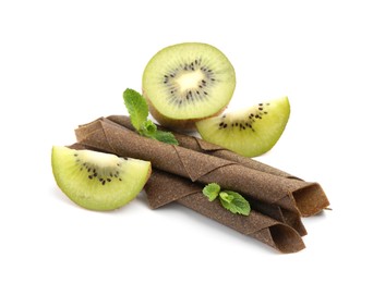 Photo of Tasty fruit leather rolls, kiwi and mint isolated on white
