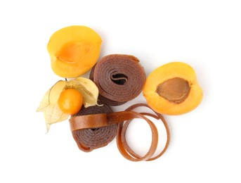 Photo of Tasty fruit leather, apricot and physalis isolated on white, top view