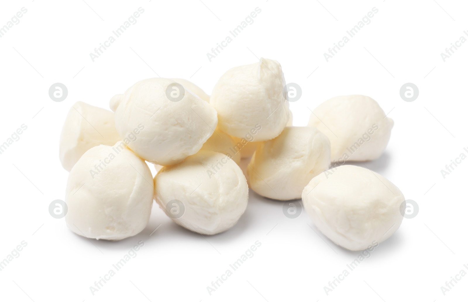 Many tasty mozzarella cheese balls isolated on white Photo of Many tasty mozzarella cheese balls isolated on white