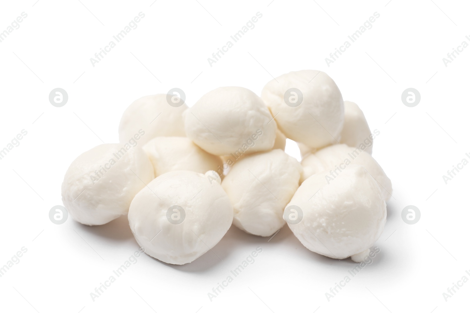 Many tasty mozzarella cheese balls isolated on white Photo of Many tasty mozzarella cheese balls isolated on white