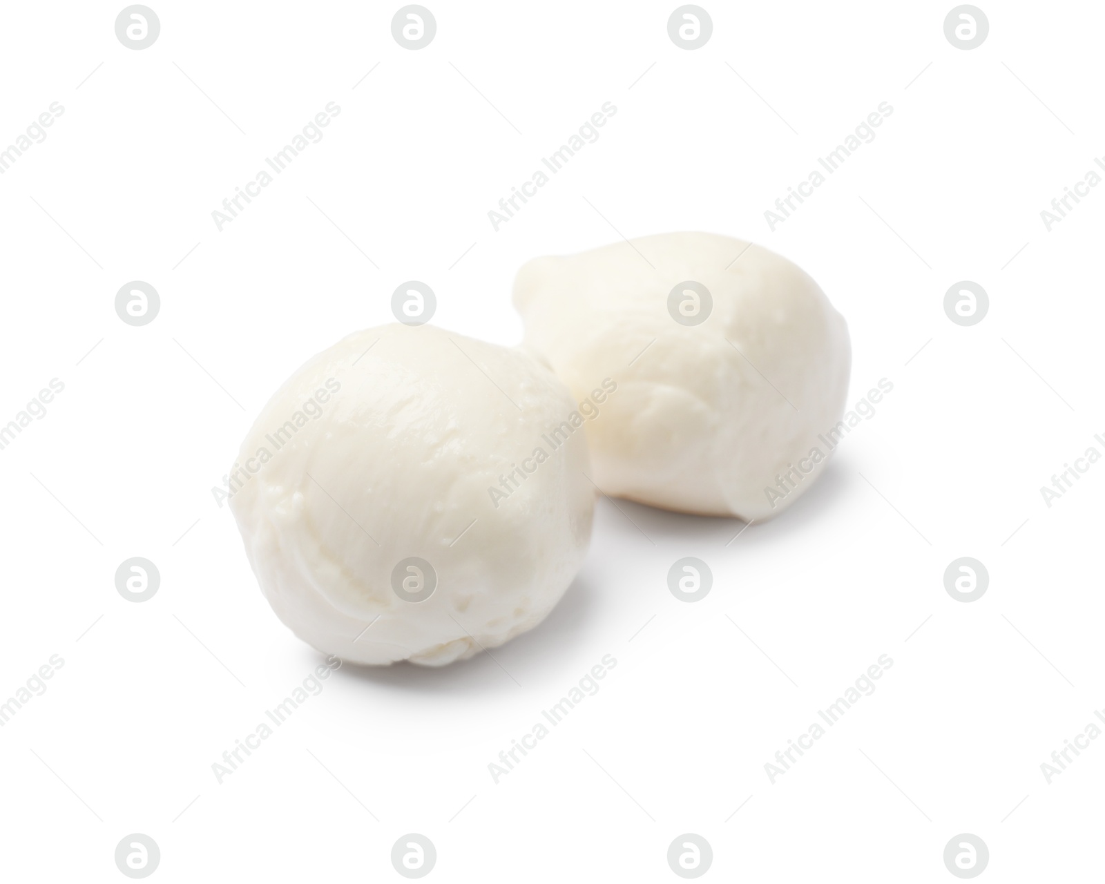 Two tasty mozzarella cheese balls isolated on white Photo of Two tasty mozzarella cheese balls isolated on white
