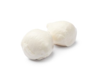Photo of Two tasty mozzarella cheese balls isolated on white