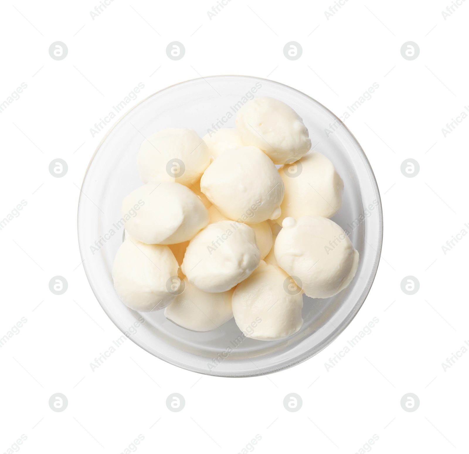 Tasty mozzarella cheese balls in bowl isolated on white, top view Photo of Tasty mozzarella cheese balls in bowl isolated on white, top view