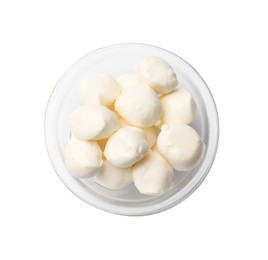 Photo of Tasty mozzarella cheese balls in bowl isolated on white, top view