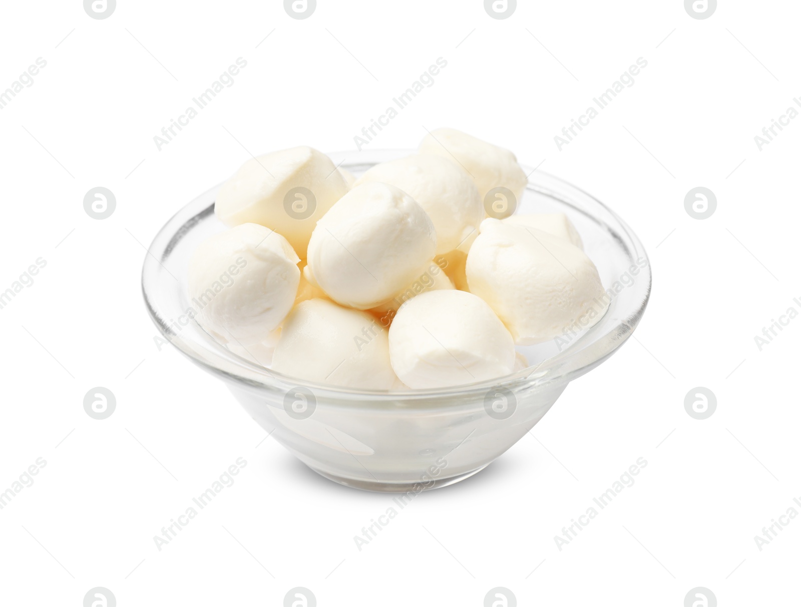 Tasty mozzarella cheese balls in bowl isolated on white Photo of Tasty mozzarella cheese balls in bowl isolated on white