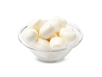 Photo of Tasty mozzarella cheese balls in bowl isolated on white