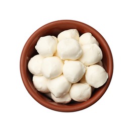 Photo of Tasty mozzarella cheese balls in bowl isolated on white, top view