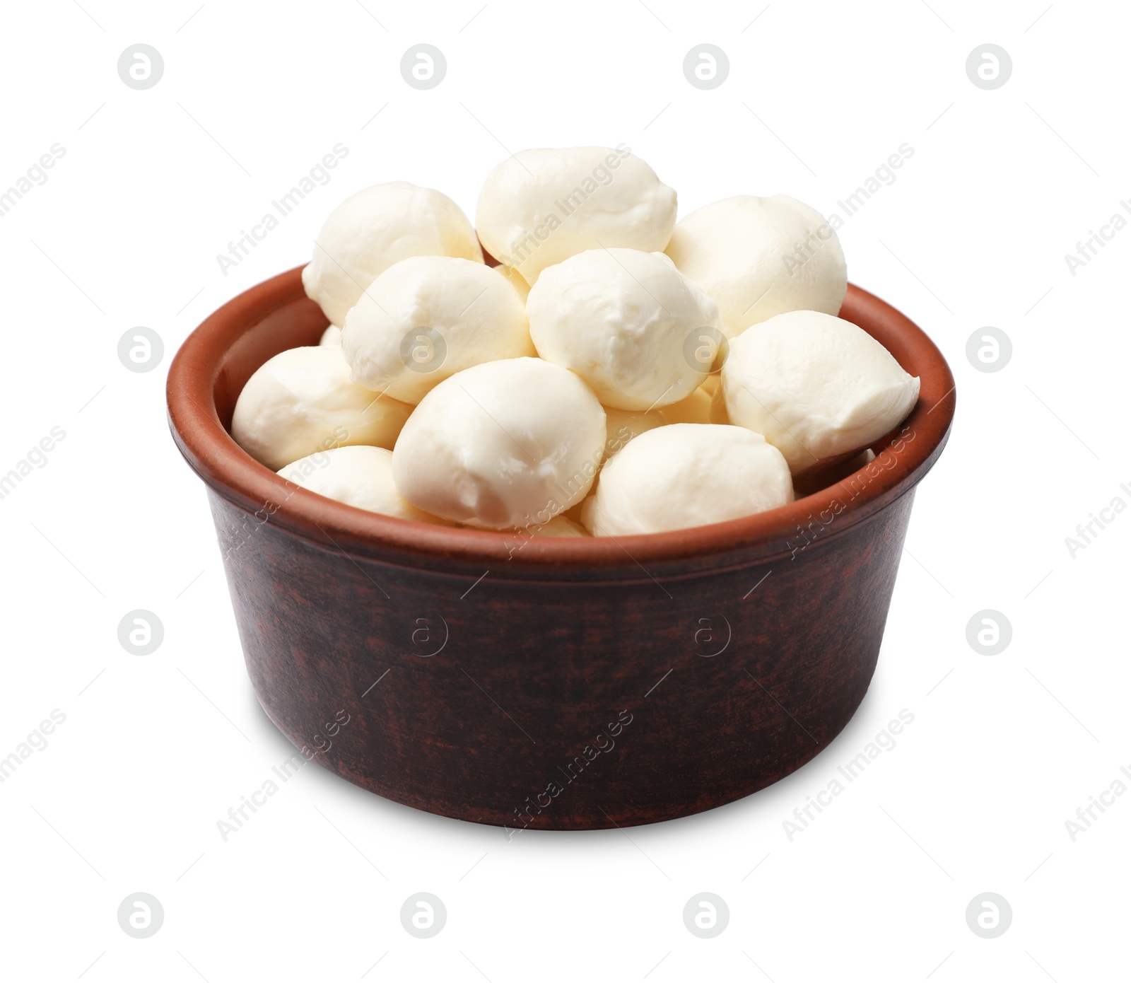 Tasty mozzarella cheese balls in bowl isolated on white Photo of Tasty mozzarella cheese balls in bowl isolated on white