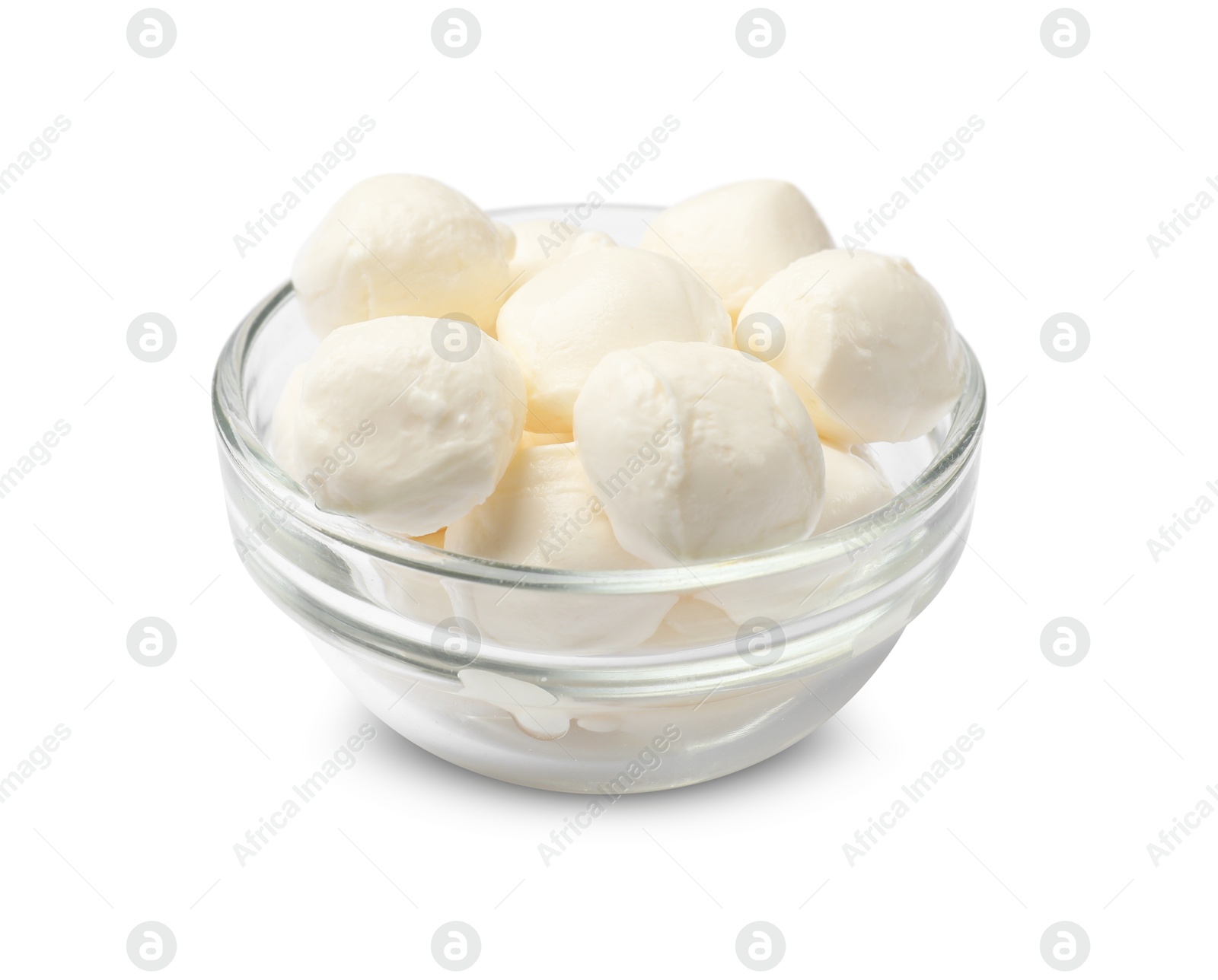Tasty mozzarella cheese balls in bowl isolated on white Photo of Tasty mozzarella cheese balls in bowl isolated on white