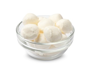 Photo of Tasty mozzarella cheese balls in bowl isolated on white