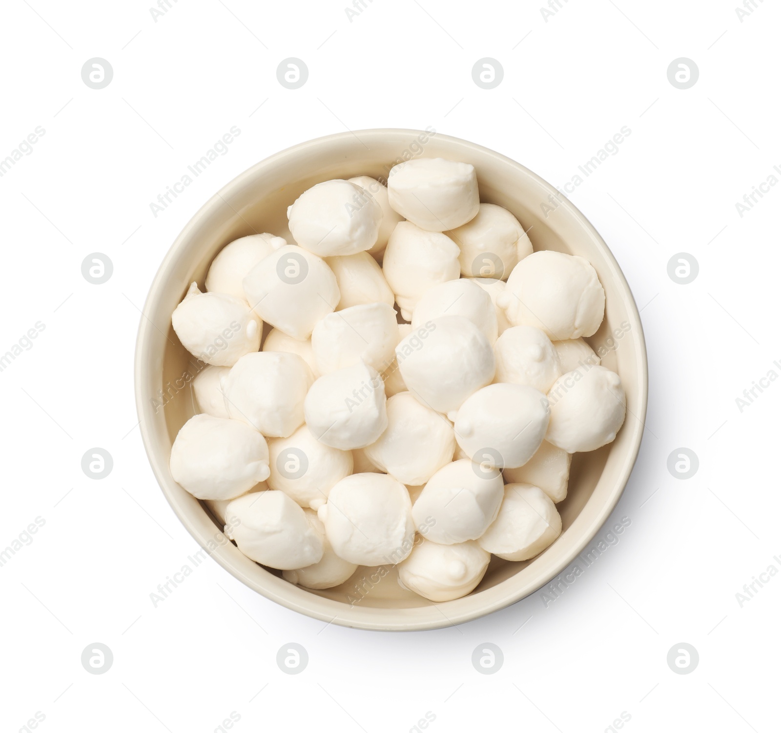 Tasty mozzarella cheese balls in bowl isolated on white, top view Photo of Tasty mozzarella cheese balls in bowl isolated on white, top view