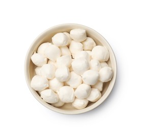 Photo of Tasty mozzarella cheese balls in bowl isolated on white, top view