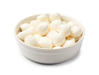 Photo of Tasty mozzarella cheese balls in bowl isolated on white