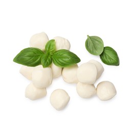 Photo of Tasty mozzarella cheese balls and basil isolated on white, top view