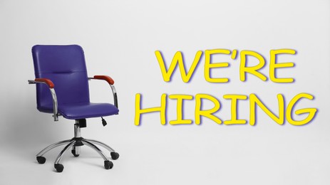 Image of We Are Hiring. Empty office chair on light background, banner. Recruitment, human resources concept