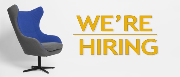 Image of We Are Hiring. Empty office chair on white background, banner. Recruitment, human resources concept