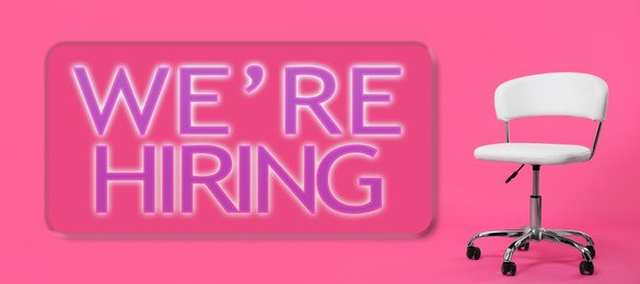 Image of We Are Hiring. Empty office chair on pink background, banner. Recruitment, human resources concept