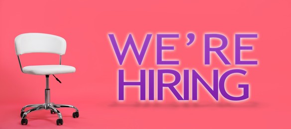 Image of We Are Hiring. Empty office chair on color background, banner. Recruitment, human resources concept