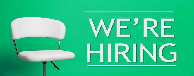 Image of We Are Hiring. Empty office chair on green background, banner. Recruitment, human resources concept