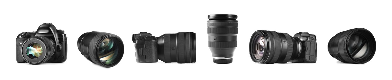 Image of Photo camera and lenses isolated on white, set