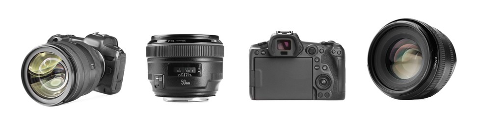 Image of Photo camera and lenses isolated on white, set
