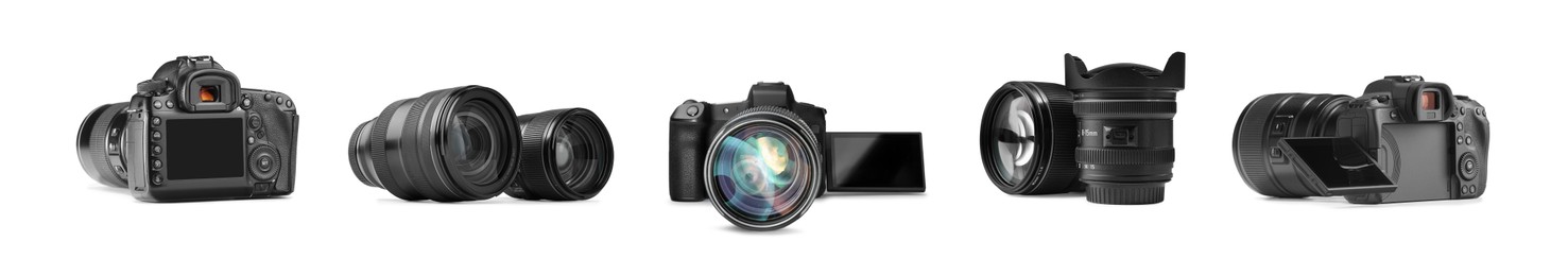 Image of Photo camera and lenses isolated on white, set