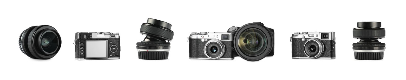 Image of Photo camera and lens isolated on white, set