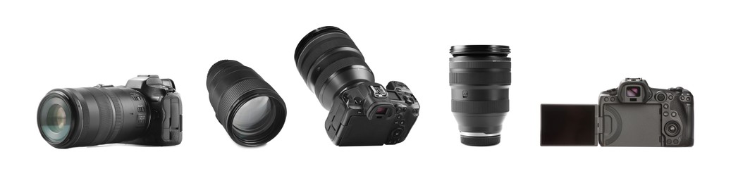 Image of Photo camera and lenses isolated on white, set