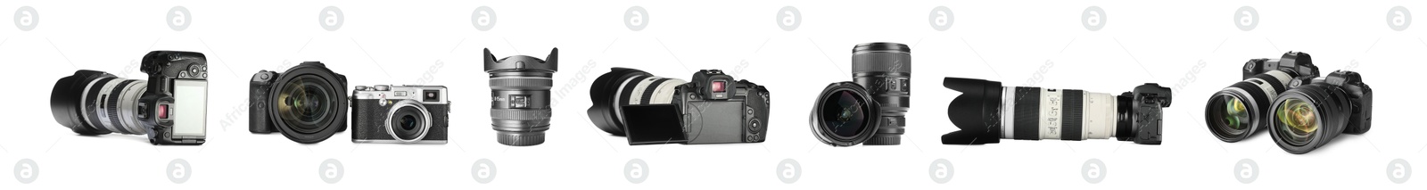 Photo cameras and lenses isolated on white, set Image of Photo cameras and lenses isolated on white, set