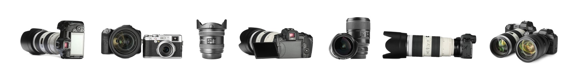 Image of Photo cameras and lenses isolated on white, set