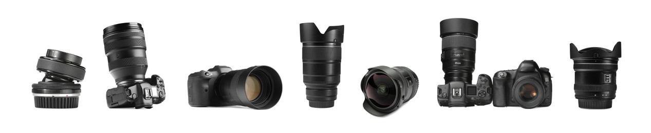 Image of Photo camera and lenses isolated on white, set