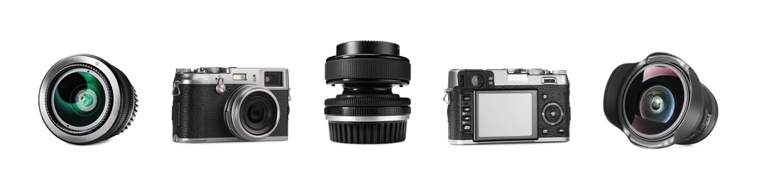 Image of Photo camera and lenses isolated on white, set
