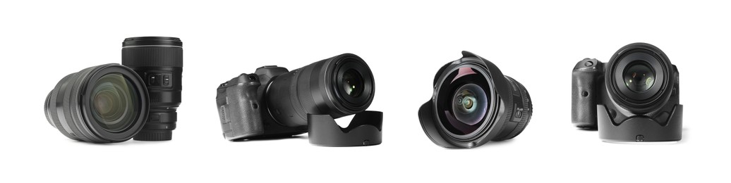 Image of Photo camera and lenses isolated on white, set