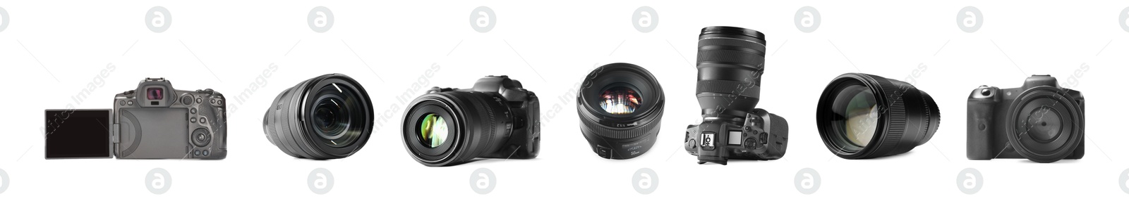 Photo cameras and lenses isolated on white, set Image of Photo cameras and lenses isolated on white, set