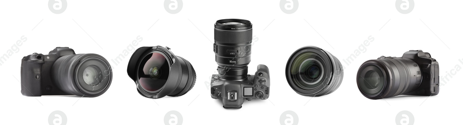 Photo cameras and lenses isolated on white, set Image of Photo cameras and lenses isolated on white, set