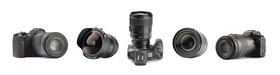 Image of Photo cameras and lenses isolated on white, set