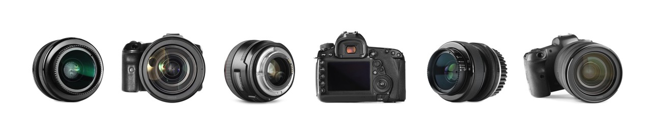 Image of Photo camera and lenses isolated on white, set