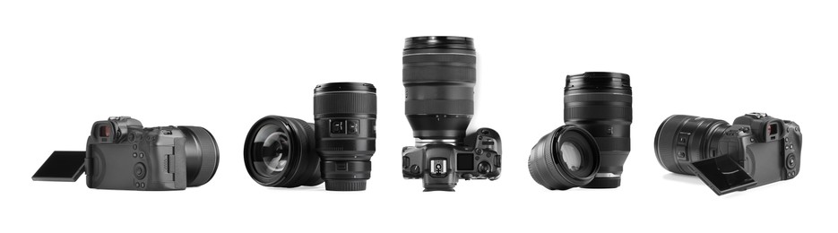 Image of Photo camera and lenses isolated on white, set