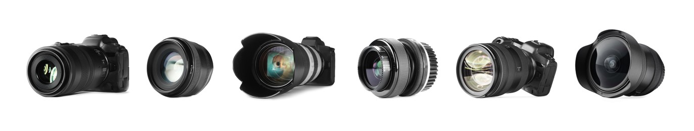 Image of Photo camera and lenses isolated on white, set
