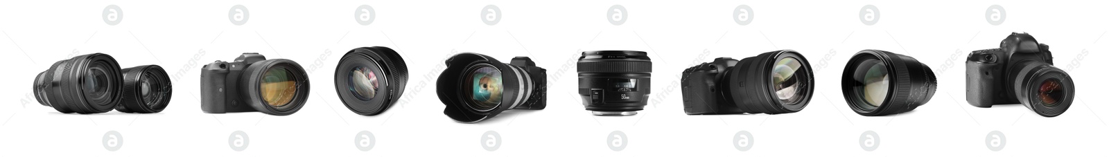 Photo cameras and lenses isolated on white, set Image of Photo cameras and lenses isolated on white, set